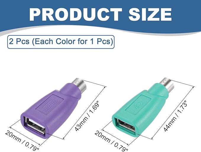 MECCANIXITY 2 Pcs PS/2 to USB Port, PS/2 Male to USB Female Adapter for Wired Mouse Keyboard Desktop PC Laptop Notebook, Green/Purple