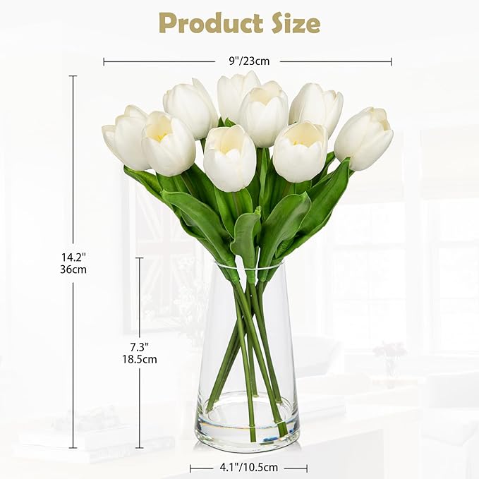 Fake Tulips Artificial Tulip Flowers in Glass Vase with Faux Water, 14.2" Real Touch White Tulip Flowers Spring Décor for Table Centerpiece Home Farmhouse Resto Wedding Decoration