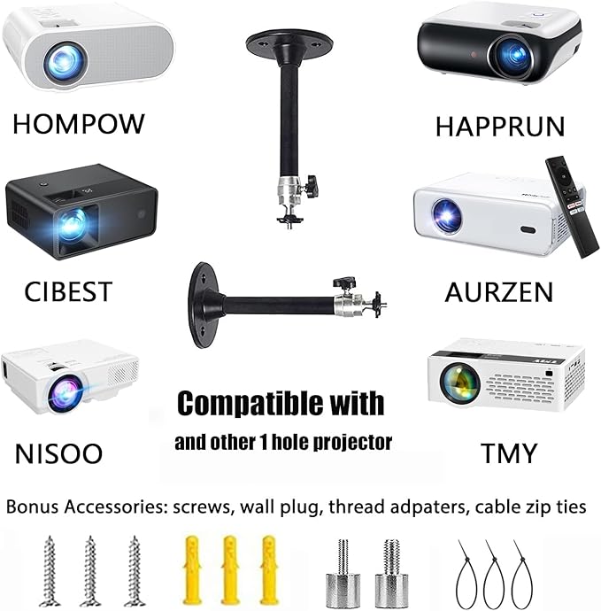 2-Be-Best Mini Projector Ceiling Mount 360° Adjustable Projector Wall Mount Length 7in / 18cm Projectors Mounts Compatible with TMY AuKing HAPPRUN Vankyo Meer ELEPHAS NICPOW Projectors Black