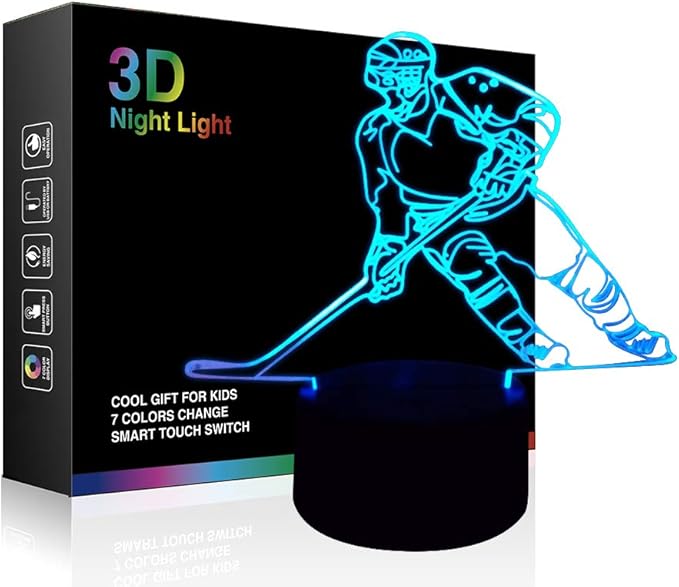 Hockey Player 3D Lamp Night Lights for Kids 7 LED Color Changing Touch Table Desk Lamps Lighting Cool Toys Gifts Birthday Xmas Decoration for Sports Hockey Fan