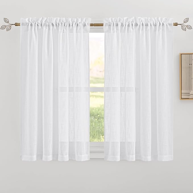 RYB HOME White Semi Sheer Curtains, Light Filtering Privacy Protection 2 Panels Set Linen Textured Small Window Treatments for Living Room Dining Bedroom, W 42 x L 54 inches, White, 2 Panels