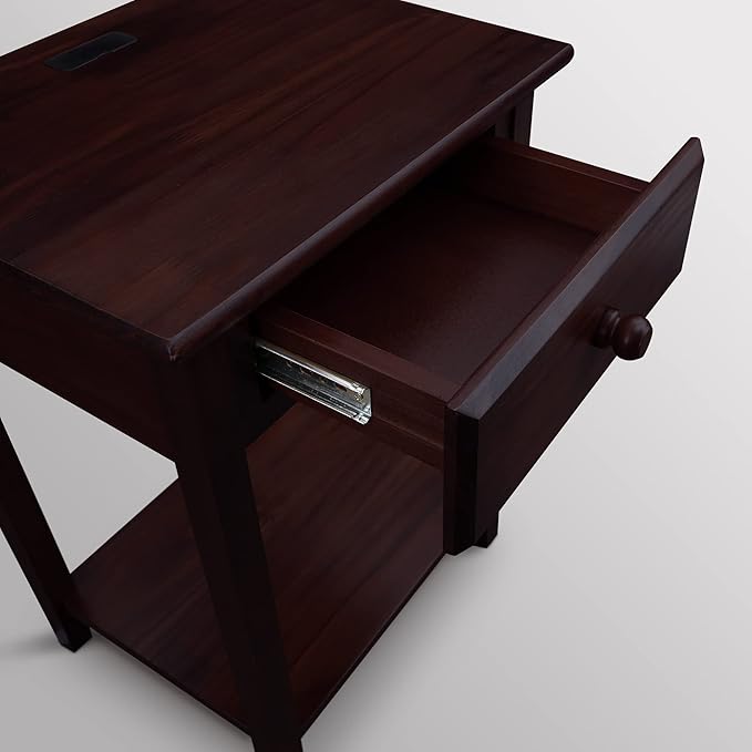 Casual Home Owl Night Stand with USB Port Charging Station and Drawer, 17.5"W x 14.25"D x 24.5"H, Espresso