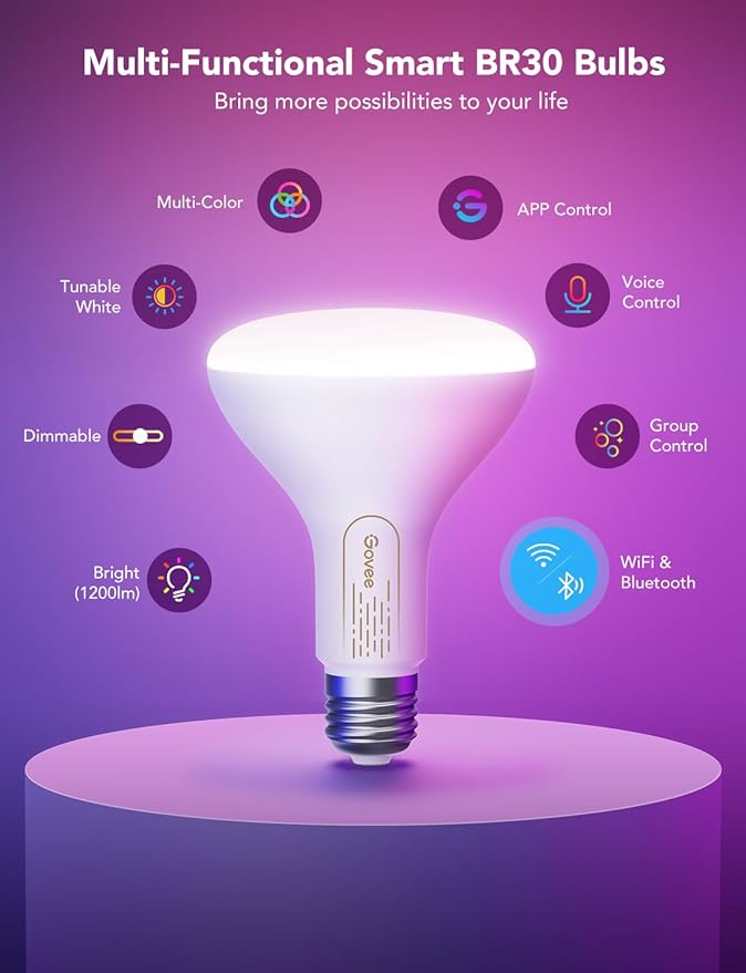 Govee Smart Light Bulbs, 1200 Lumens Dimmable BR30 Bulbs, RGBWW Color Changing Light Bulbs, WiFi & Bluetooth LED Bulbs, 16 Million Colors, Music Sync, Compatible with Alexa, Google Assistant, 6 Pack