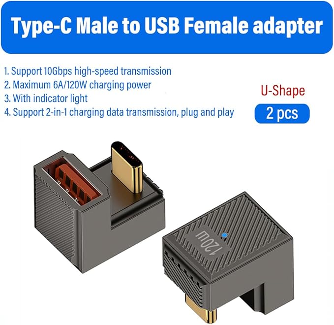 2 Pack USB-C to USB-A Adapter,10Gbps 120W Fast Charging with LED,Compatible with Laptop,Tablet,Smartphone(Type U) (U Type USB-C to USB-A with LED Indicator)