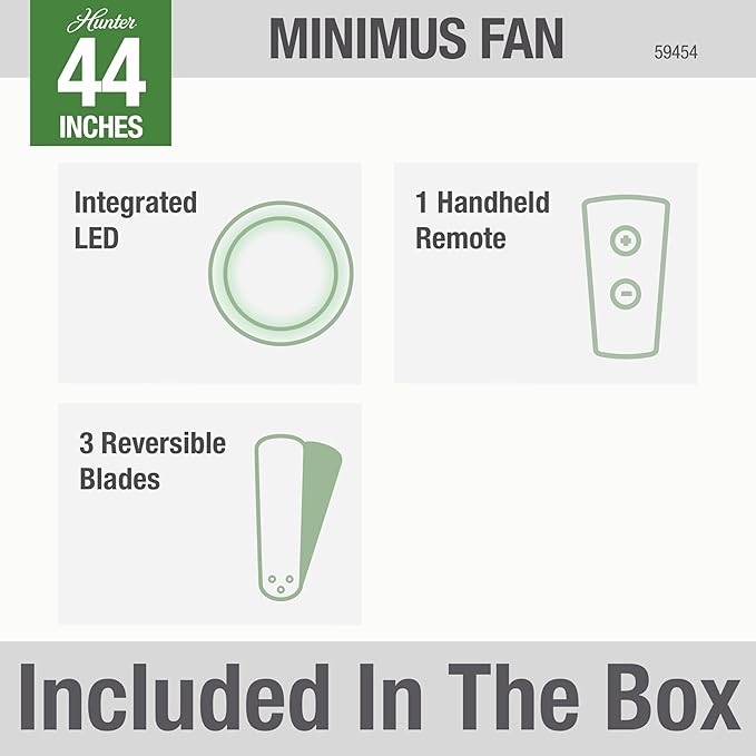 Hunter 44 inch Indoor Ceiling Fan with Light and Remote Control - For Bedroom or Living Room, Low Profile Mount, Modern Ceiling Fan with LED Light, Quiet, 3 Blades - Minimus 59454, Brushed Nickel