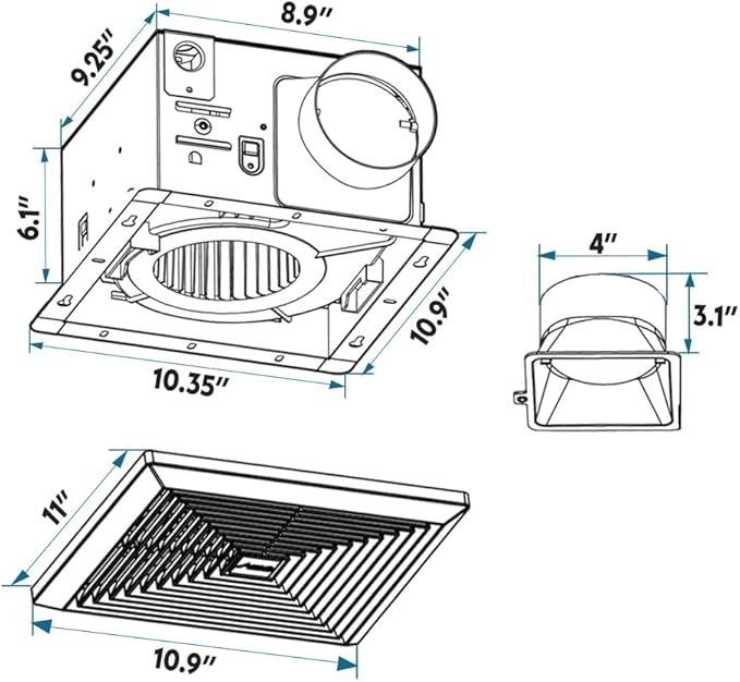BV Bathroom Exhaust Fan 90CFM - Bathroom Fan 0.9 Sones, 4" Duct Collar,Rooms Up to 80-90 Sq. Ft. |Energy-Saving Ventilation Fan - No Attic Access & Ultra-Quiet | Energy Star, HVI 2100, UL Certified