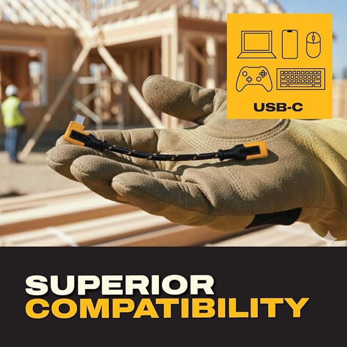DEWALT Heavy Duty 90 Degree USB-C Extension Cable Adapter 100W PD – Angled Type-C Male to Female Connector with Kevlar Reinforced Cable, Durable Strain Relief, Fast Charging for Laptop, Tablet, Phone