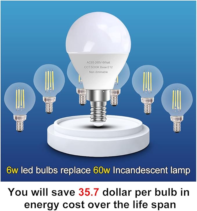 GOSCHE 12 Pack Bright Ceiling Fan Light Bulbs, 60 Watt Equivalent, 5000K, E12 Led Bulb, A15 Shape Candelabra Base Chandelier Light Bulb, 120V Small Bulb, Non-Dimmable, Daylight, 12 Pack