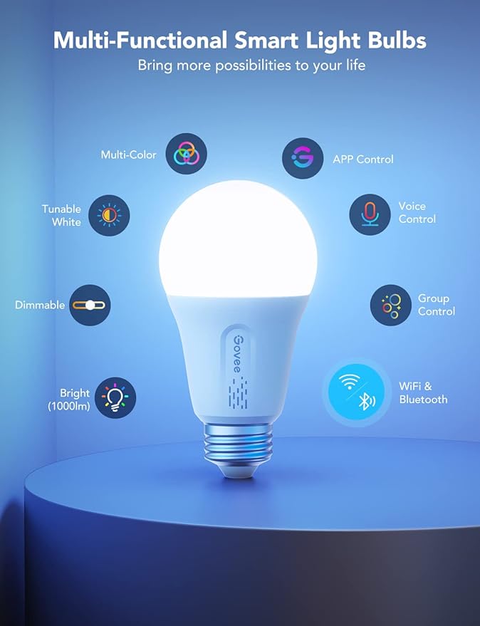 Govee LED Smart Light Bulbs, 1000LM Color Changing Light Bulb, Wi-Fi & Bluetooth Light Bulbs, Work with Alexa and Google Assistant, Dimmable RGBWW A19 75W Equivalent Smart Bulbs, 4 Pack
