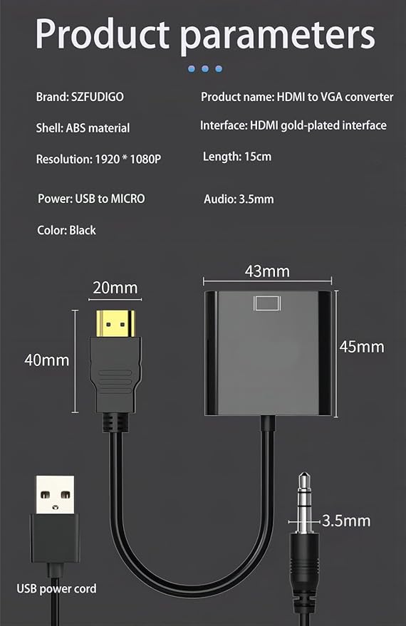 SZFUDIGO HDMI to VGA Adapter with 3.5mm Audio and Micro USB Power - Gold-Plated HDMI to VGA Adapter (Male to Female) Compatible for Desktop, Laptop, Monitor, Projector, HDTV, Xbox and More