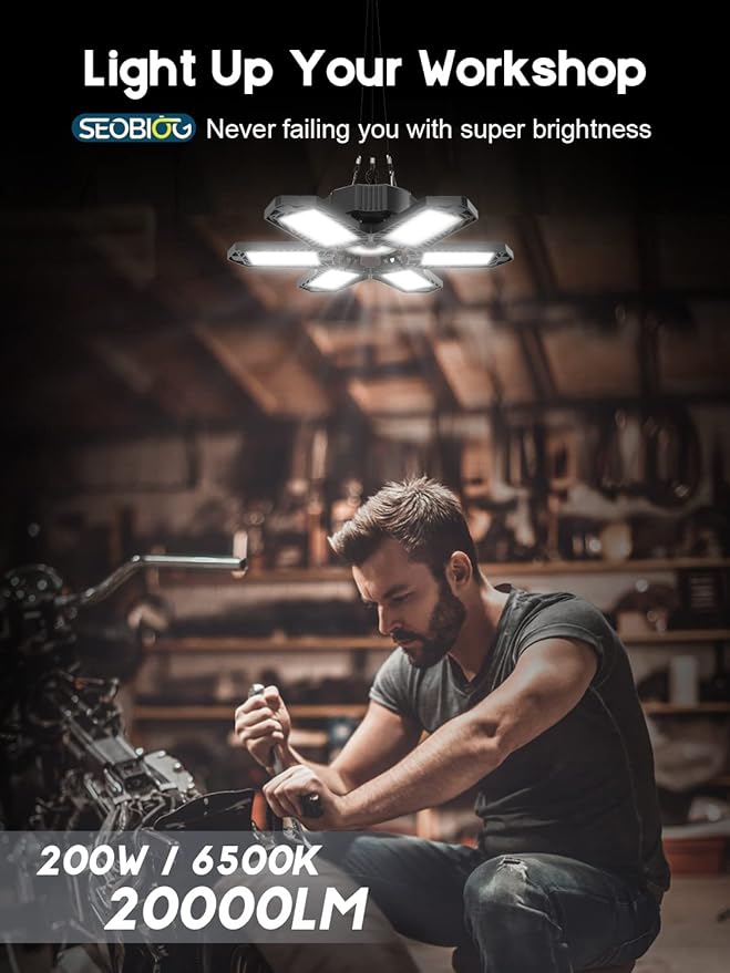 SEOBIOG LED Garage Lights - 6 Pack, 200W 20000LM Plug-in Shop Light with 6+1 Deformable Panels for Garage, Warehouse, Barn, Basement (Built-in ON/Off Switch)