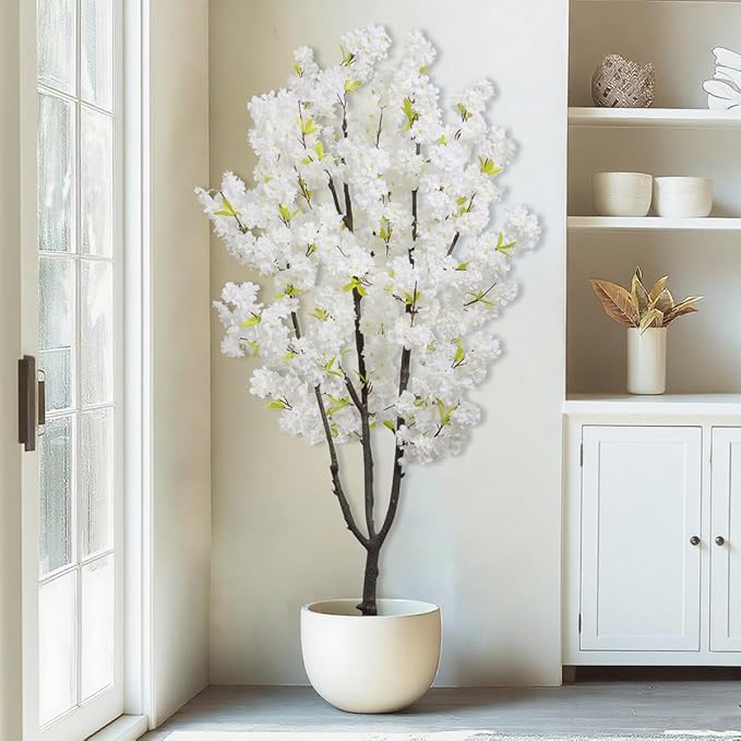 Faux White Cherry Blossoms Tree 6FT Flowering Tree Artificial Cherry Blossom Tree for Bedroom Home Decor