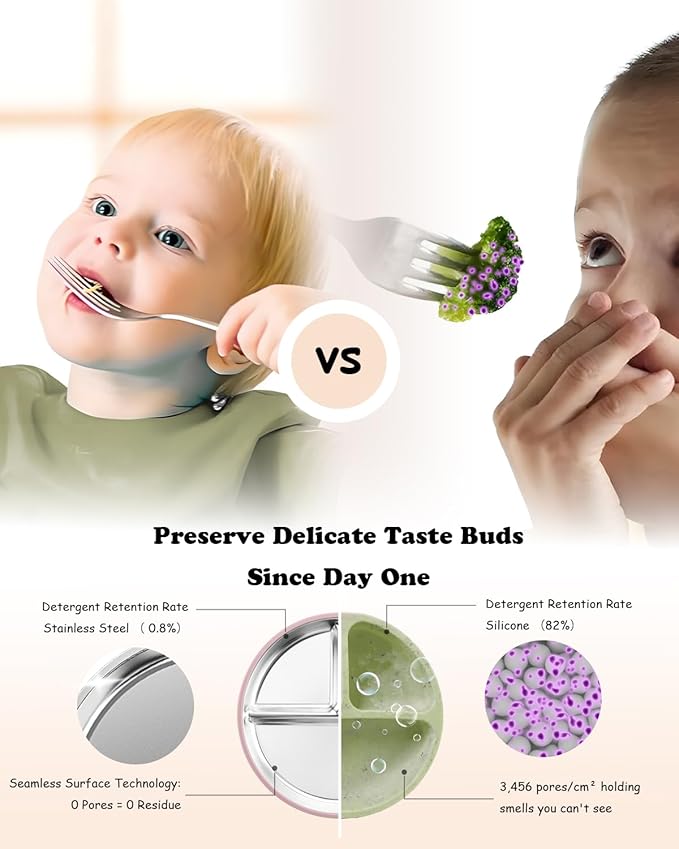 Stainless Steel Toddler Suction Plate with Lid, Deeper 9" Divided Plates with Removable Silicone Sleeves for Kids, Non Toxic & BPA Free | Unbreakable Baby Snack Dishes Set of 2,Pink & Beige