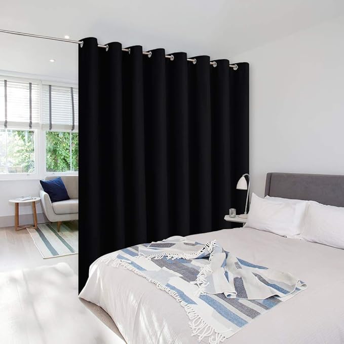 NICETOWN Closet Door Curtain, Room Dividers Panel Screens Partitions, Wide Width Grommet Top Modern Privacy Heavy Room Divider, Commercial Room Dividers (1 PCs, 8ft Tall x 15ft Wide, Black)