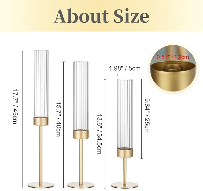 Hewory Gold Hurricane Candle Holders: Brass Candlestick Holders Set of 6 Tall Taper Candle Holders for Candlesticks Candle Sticks Holder Decor for Table Centerpiece Wedding Party Christmas Decorations