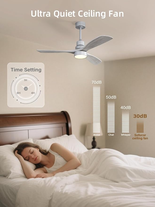 Sofucor 52 Inch Smart Ceiling Fans with Lights and Alexa/Google Assistant/APP/Remote Control-Modern Solid Wood Outdoor 3 Blades Ceiling Fan for Bedroom Living Room Indoor Farmhouse Patio, Silver Grey