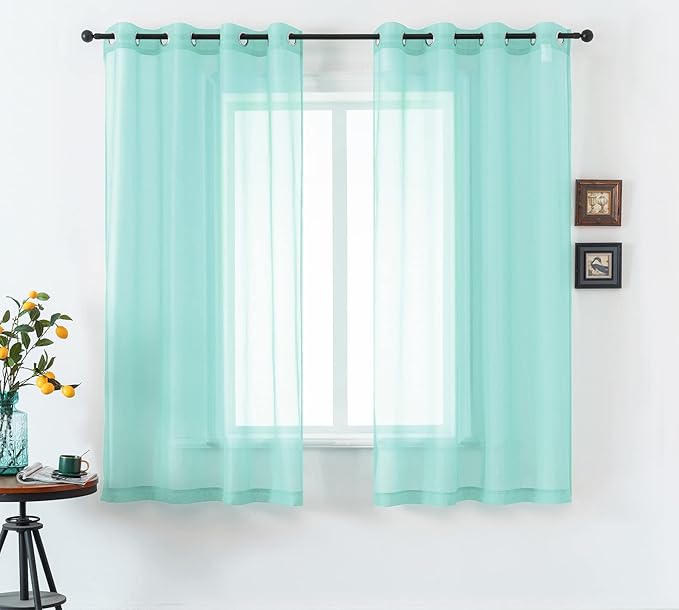 DUALIFE Aqua Sheer Curtain Panels 72 inches Long Grommet Solid Mint Green Soft Touch Semi Window Drapes for Bedroom Living Room(52 X 72 Inch Length 2 Panels Seafoam Green)