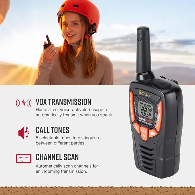 Cobra ACXT390 Walkie Talkies & Compatible Cobra Surveillance Headset - Rechargeable, 22 Channels, Long-Range, 2 Two-Way Radios, 2 Headsets, Black/Orange