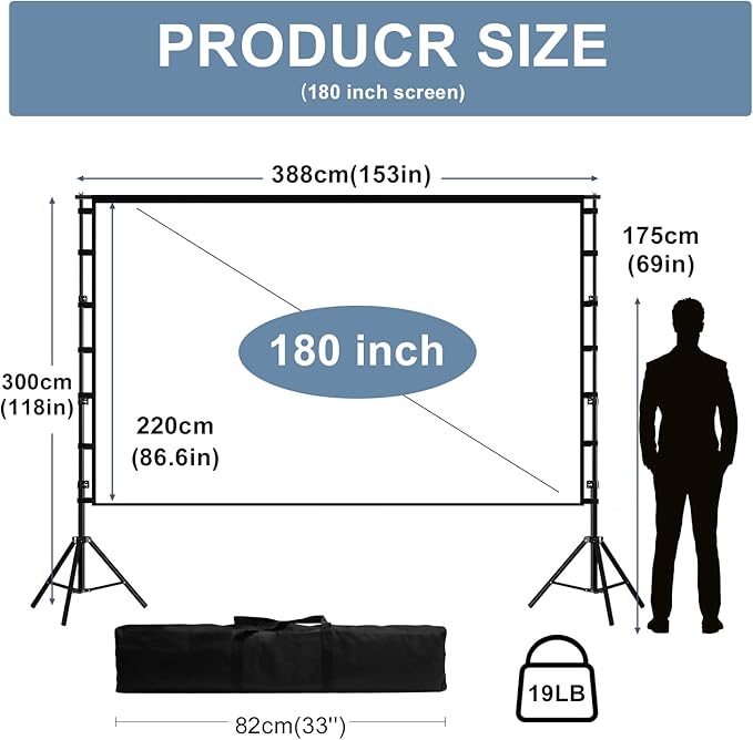 Giant 180 inch Projector Screen with Stand (Requires 14FT Space), 15FT Massive Outdoor Movie Screen 4K HD Front/Rear Projection, Foldable Anti-Crease Theater Screen with 2 Sandbags & Bag