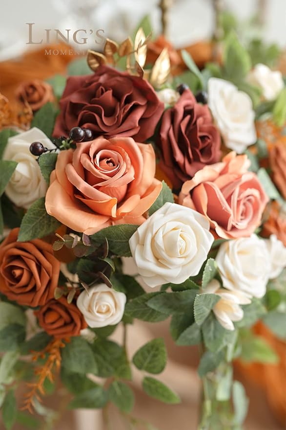 Ling's moment 2PCS Terracotta Arch Flowers Artificial Floral Swags Centerpieces Wedding Decor Mantel Faux Burnt Orange Rose Garland Arrangements for DIY Sweetheart Table Wall Window Welcome Signs