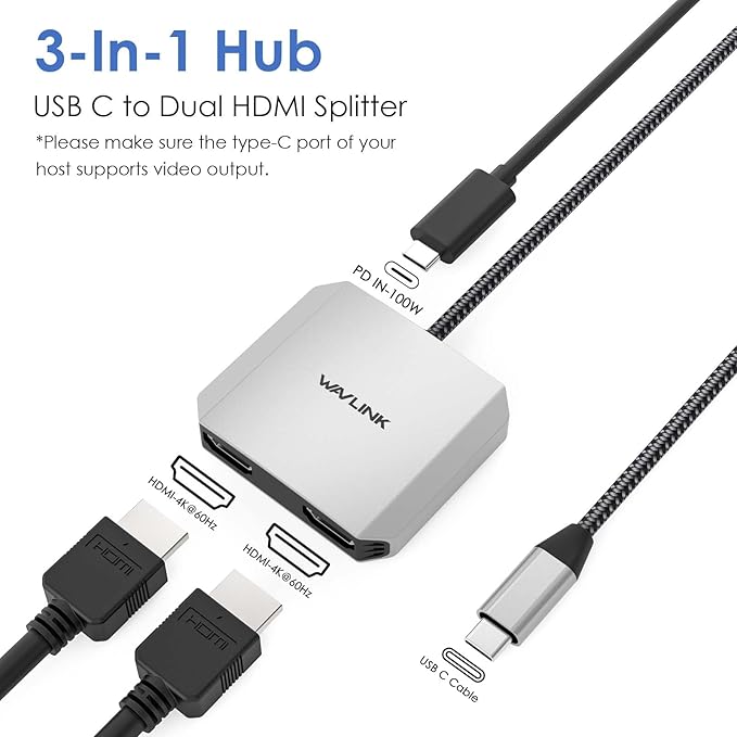 USB C to Dual HDMI Adapter, WAVLINK Dual Monitor Adapter with Dual HDMI, 87W PD for Dell XPS/HP/Lenovo/Surface/Type C Laptop/Windows System Only