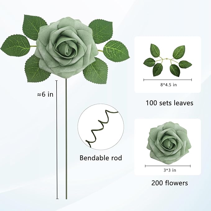 JOYLEX Artificial Flowers Realistic Roses, Real Looking Fake Roses with Stem for DIY Wedding Bouquets Centerpieces Bridal Shower Party Home Romantic Decorations (Elf Green, Regular 3" - 200pcs)