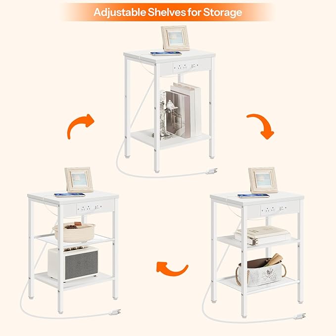 HOOBRO Side Table with Charging Station and USB Ports, Small End Table for Small Space, 3-Tier Nightstand with Adjustable Shelf, for Living Room, Bedroom and Balcony, White WW112BZ01
