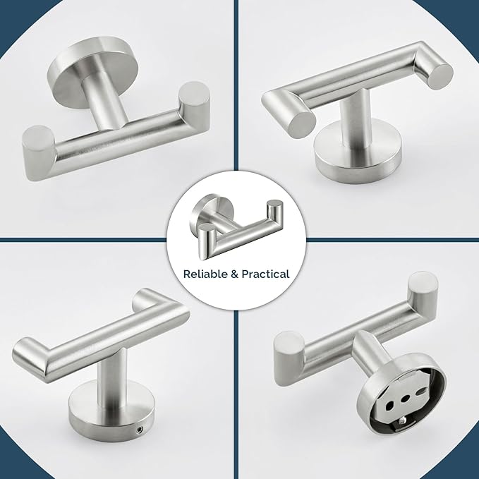 Angle Simple Towel Hook Brushed Nickel 2 PCS, SUS304 Stainless Steel Double Robe Hook, Bathroom Towel Holder, Wall Mount