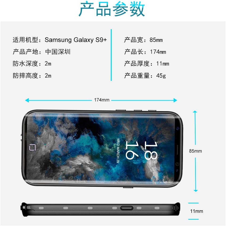 Galaxy S9+ Plus Waterproof Case with Built-in Screen Protector, Full Body Shockproof Rugged Case, Black