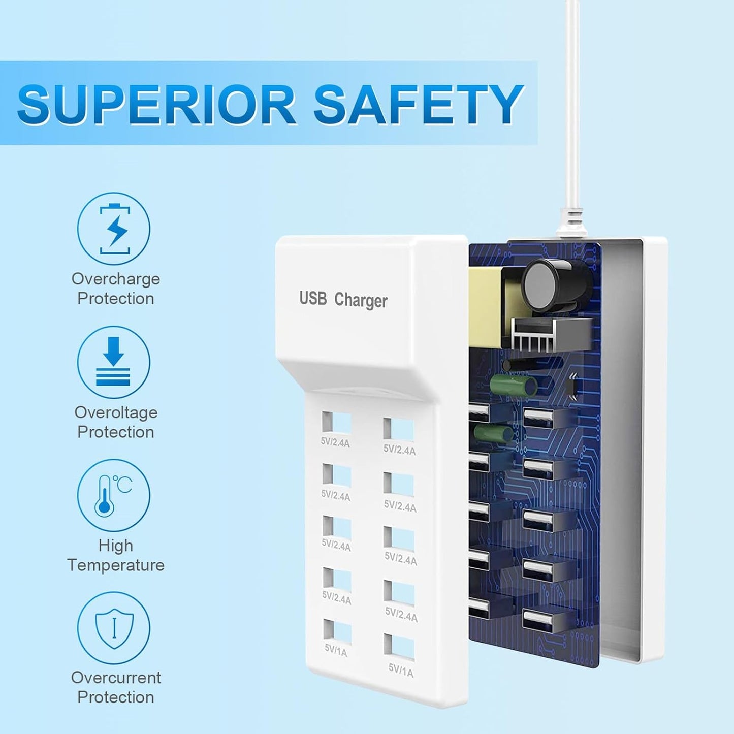 QIONMAR USB Wall Charger, 10-Ports Power Hub Strip, Smart Plug Charging Dock Compatible with iPhone 15, Galaxy S