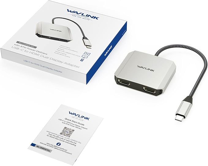 USB C to Dual HDMI Adapter, WAVLINK Dual Monitor Adapter with Dual HDMI, 87W PD for Dell XPS/HP/Lenovo/Surface/Type C Laptop/Windows System Only