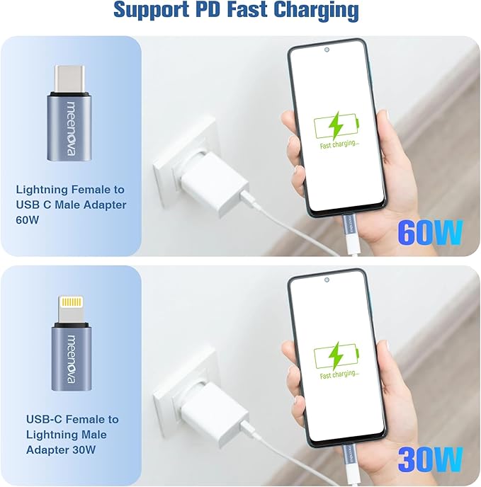 Meenova 8 Pin Female to USB-C Male Adapter (60W 1 Pack) & USB-C Female to iOS Male Adaptor (30W 1 Pack) Compatible with iPhone Charger, NOT for OTG & Audio, Type C Adaptador para iPhone