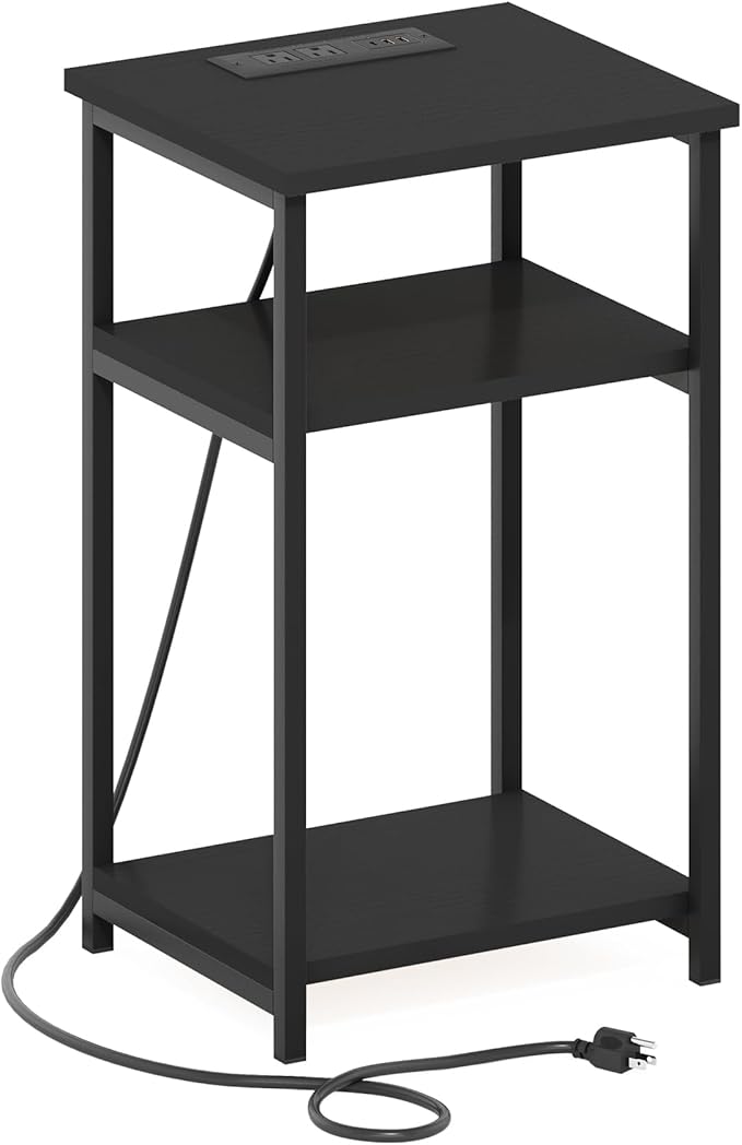 Furinno Moretti Side Table, 3-Tier End Table with Charging Station, Metal Frame Night Stand, Bedside Table with USB and Type-C Charging Port, for Living Room, Bedroom, Americano