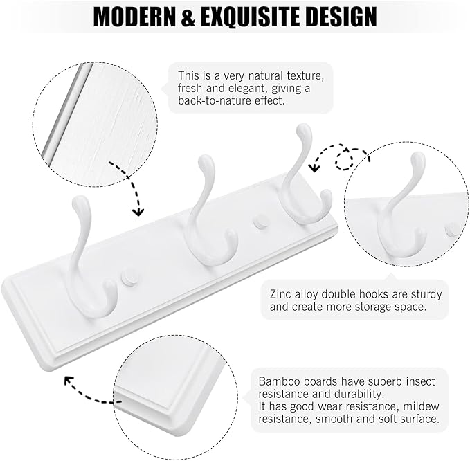 Wooden Coat Rack, Wall-Mounted Organizer for Closet, Entryway, Hallway, Foyer, Bedroom, Heavy Duty Double Hooks for Hanging Towels, Bags, Hats, Jackets, Key (White, 3 Hooks)