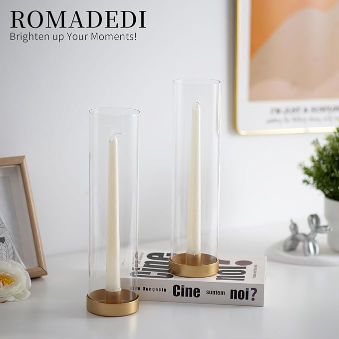 Romadedi Glass Hurricane Candle Holders Gold - 12 Inch Taper Candlestick Holder Bulk Clear Glass Cylinder Table Centerpiece Wedding Decor Party Birthday Christmas Home Decorations, Set of 6