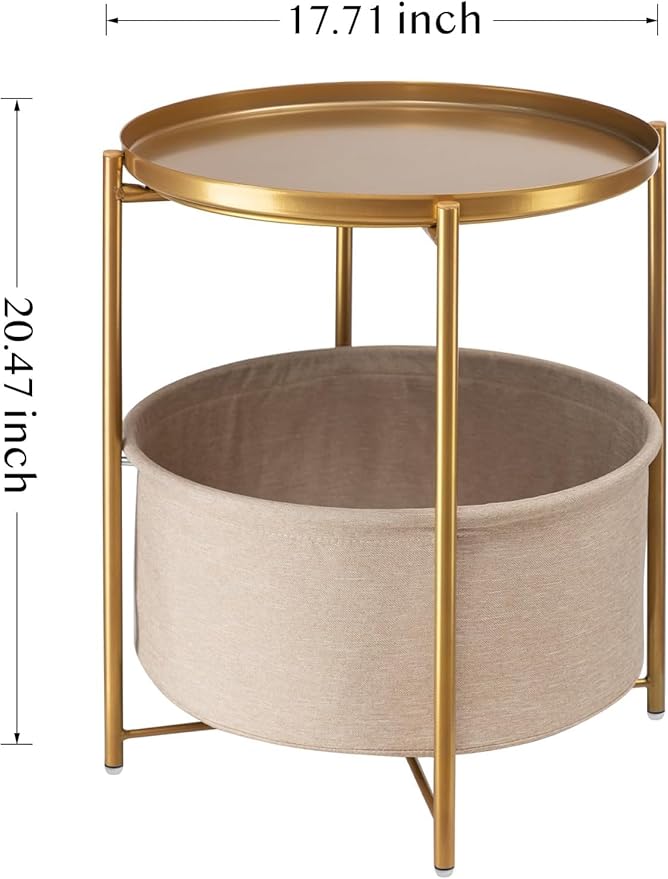 danpinera Round Side Table with Fabric Storage Basket, Metal Side Small Bedside Table Nightstand with Removable Tray Top for Living Room, Bedroom, Nursery, Bathroom, Gold