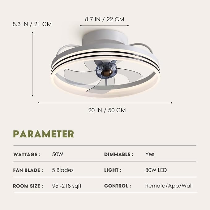 Ceiling Fans with Lights, 360° Rotating Ceiling Fan with Lights and Remote, 6 Wind Speeds Smart Flush Mount Ceiling Fan for Bedroom, Dining Room and Kitchen 20"