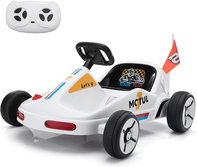 TOBBI 12V Electric Go Kart for Kids Battery Powered Ride on Car Outdoor Race Toy with Remote Control, Safety Belt, Music, LED Lights and Flags for Toddlers 3-8 Years, White