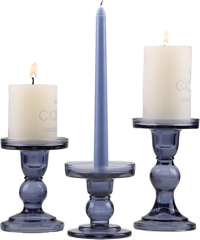 GMWD 3 Pcs Glass Candle Holder Set Clear, Blue Candlesticks Holders Pillar Taper Candles Tealight Stand for Wedding Centerpieces Home Decorations Dining Table
