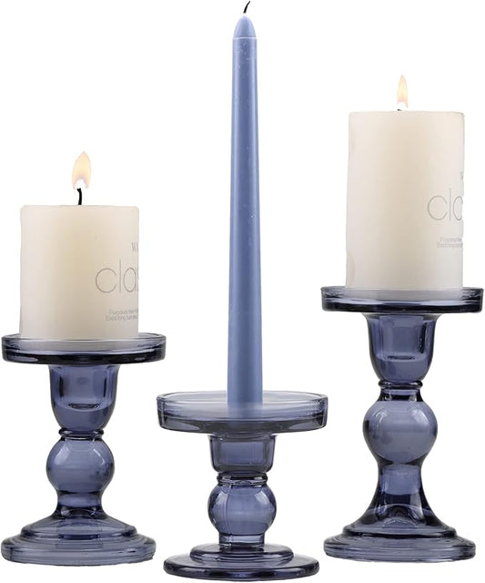 GMWD 3 Pcs Glass Candle Holder Set Clear, Blue Candlesticks Holders Pillar Taper Candles Tealight Stand for Wedding Centerpieces Home Decorations Dining Table