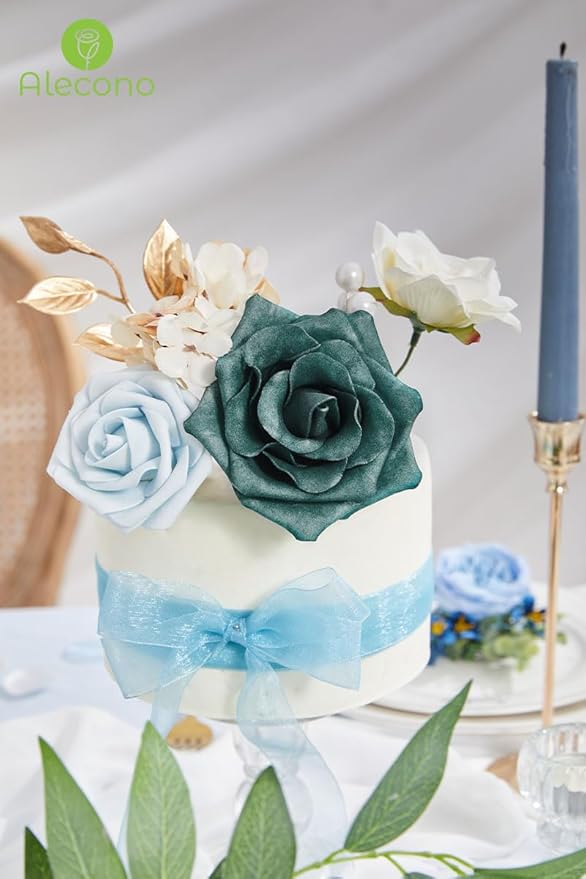 Alecono Artificial Flowers, Silk Flowers with Stems Wedding Flowers Combo Box Set for DIY, Bluish Green Wedding Cake Flowers for St. Patrick's Day Decorations