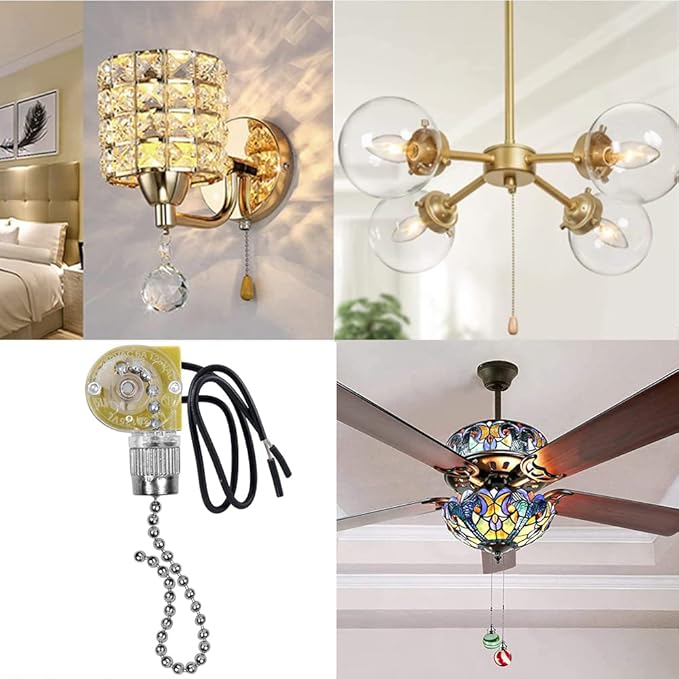 Ceiling Fan Switch Zing Ear ZE-109 Two-Wire Light Switch with Pull Cords for Ceiling Light Fans Lamps and Wall Lights Pull Chain Switch Control Replacement On-Off,2 Pcs (Nickel)