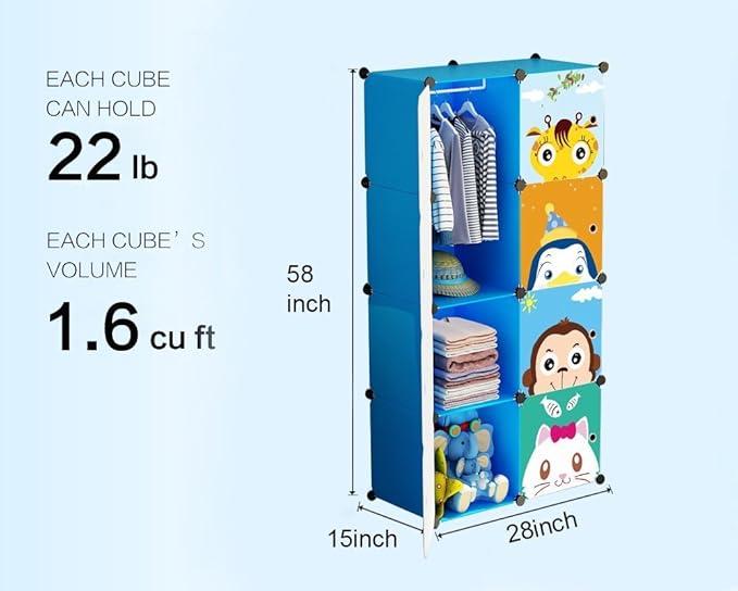 MAGINELS Children Wardrobe Kid Dresser Cute Baby Portable Closet Bedroom Armoire Clothes Hanging Storage Rack Cube Organizer(Blue, 6 Cube & 1 Rod)