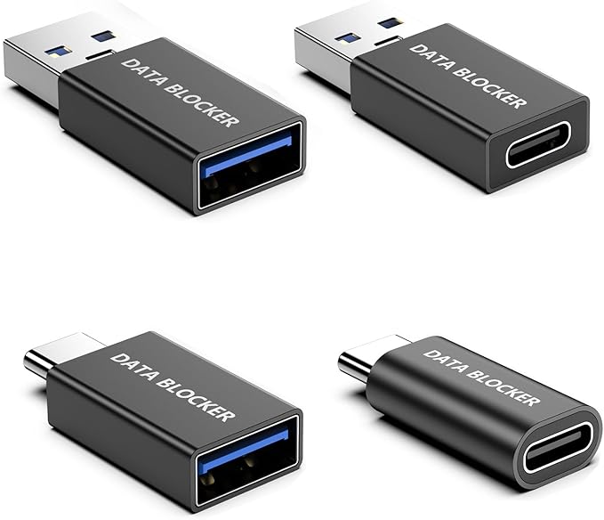 4 Kinds of USB Data Blocker Adapter, USB C Data Blocker for iPhone 15 16 17 and for Android Phone or for ipad, A to A & A to C & C to C & C to A Only for Charge, Protect Against Juice Jacking (Black)