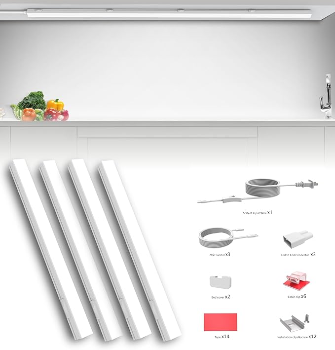 Under Cabinet Lighting Plug in, 24 Inch 4 Pcs, Linkable AC120V 3CCT 3000K/4000K/5000K Ultra Slim, LED Under Cabinet Lights for Counter Light, Kitchen, Shelf, Sink, Workshop, Desk, White