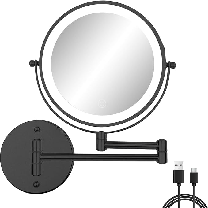 Rechargeable Wall Mounted Lighted Makeup Mirror, 8" Double-Sided Magnifying Vanity Mirror 1X/10X, 3 Color Touch Screen Dimmable Shaving Mirror, 360° Rotation Foldable Bathroom Mirror, Black