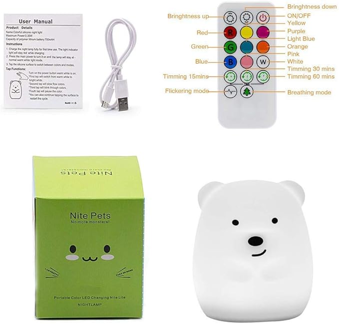 Bear Night Light for Kids, Rechargeable LED Children Lamp, Soft Silicone (BPA Free) for Baby/Boy/Girl/Adult, Remote & Touch Control Adjustable Brightness and Color (9 Colors), Eye Caring
