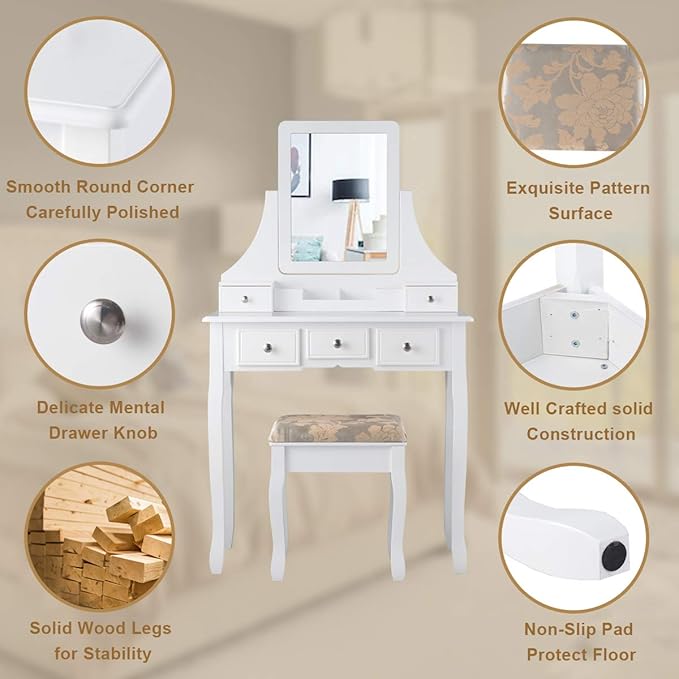 CHARMAID Makeup Vanity Set with Mirror and Cushioned Stool, Dressing Table with 5 Drawers and Removable Storage Organizers, Bedroom Makeup Table with Stool for Women Girls (White)