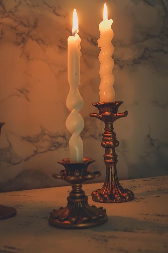 Vintage Candlestick Holder for Taper，Resin Candle Holder Antique Bronze，Decorative for Home Decor Centerpiece for Wedding Party, Wedding Anniversary Decoration，Set of 4(AABC)