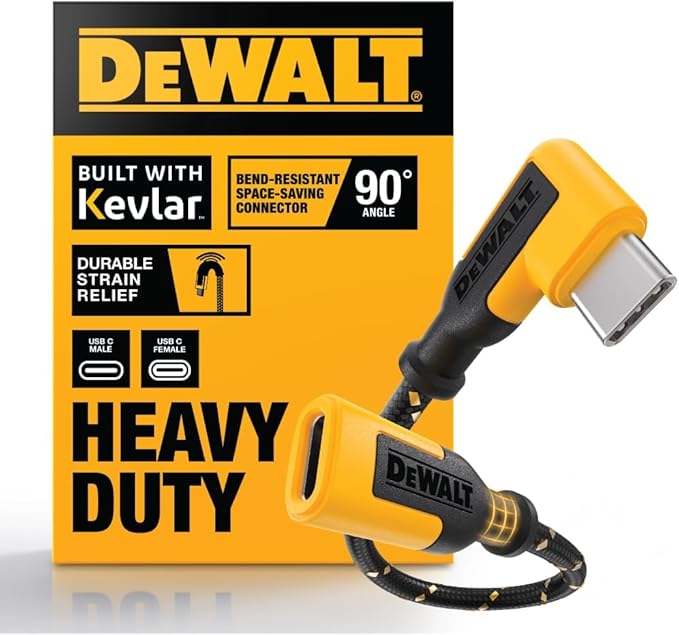 DEWALT Heavy Duty 90 Degree USB-C Extension Cable Adapter 100W PD – Angled Type-C Male to Female Connector with Kevlar Reinforced Cable, Durable Strain Relief, Fast Charging for Laptop, Tablet, Phone